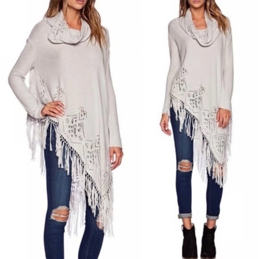 Free People Light Gray Temptress Fringed Cowl NeckSweater